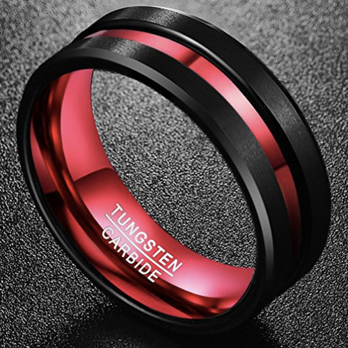 8mm - Unisex or Men's Tungsten Wedding Band. Black Matte Finish Tungsten Carbide Ring with Double Red Tone. Beveled Edge Wedding Band