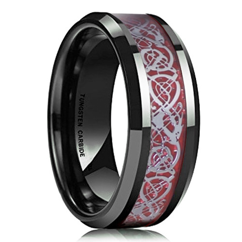 8mm - Unisex or Men's Tungsten Wedding Band. Mens Celtic Wedding Bands Black - with Red Resin Inlay and Silver Celtic Knot - Tungsten Carbide Ring