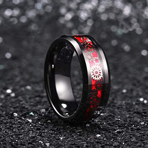 Men's Tungsten Wedding Band (8mm). Wedding Band Black with Dark Tone Mechanical Gear Over Red Opal Inspired Inlay. Tungsten Carbide Ring