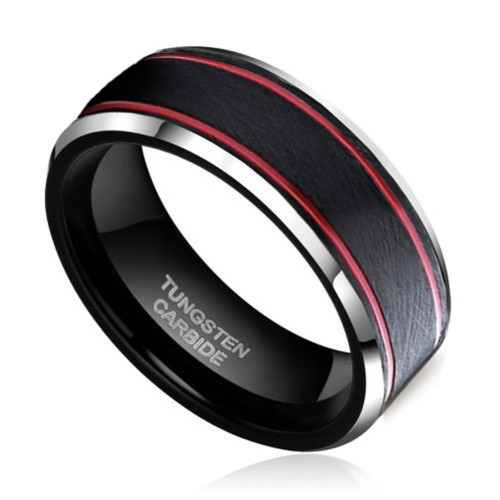 Men's Tungsten Wedding Band (8mm). Black Matte Finish Tungsten Carbide Ring with Double Red Groove Stripes. Beveled Edge