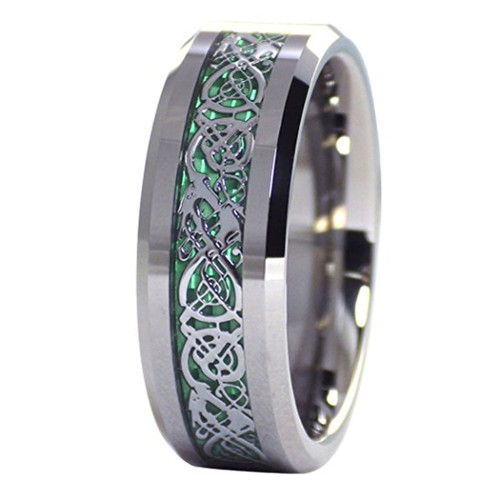 Men's Tungsten Wedding Band (8mm). Men's Celtic Wedding Band Silver Resin Inlay Green Celtic Knot Tungsten Carbide Ring