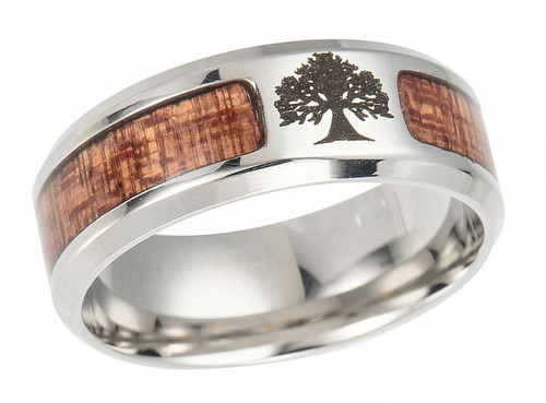 Men's Titanium Wedding Band (8mm). Tree of Life laser etched engraving and wood Inlay