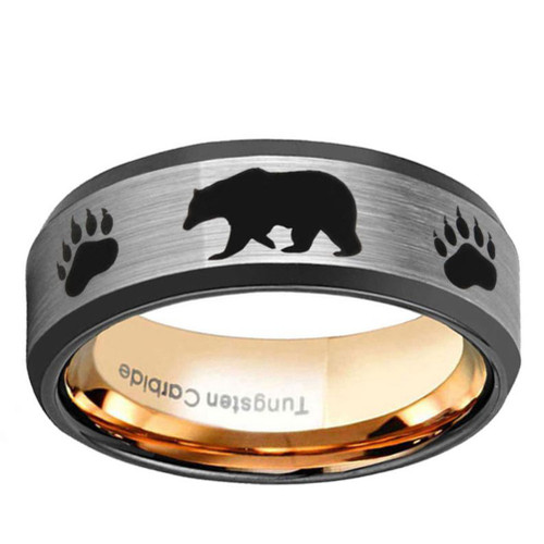 Gay Bear Men's Bear Crossing and Bear Paw Wedding Band or Bear Pride Ring. Silver and Black with Rose Gold. LGBTQ Gay Men's Ring, bear pride ring, gay bears jewelry, bear pride jewelry