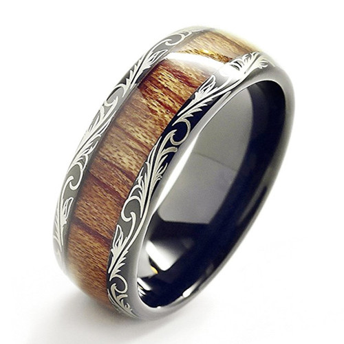 Men's Wedding Tungsten Wedding Band. Wood Inlay with Etched Tribal Pattern - 8mm Domed Tungsten Carbide Ring. Comfort Fit