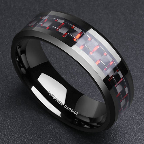 8mm - Unisex or Men's Tungsten Wedding Band. Red and Black Dashed Carbon Fiber. Tungsten Carbide Ring.