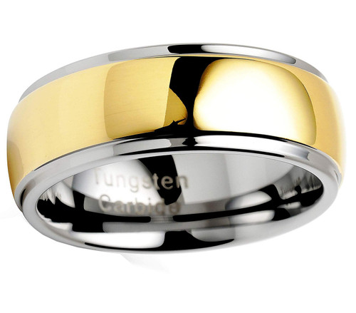 Men's Tungsten Wedding Band (8mm). Yellow Gold and Silver Dome Gunmetal Bridal Ring. Tungsten Carbide Wedding Ring. Mens Jewelry