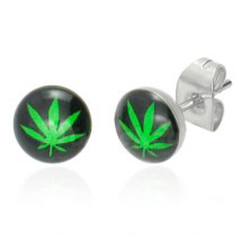 Marijuana Pot Leaf - Black and Green Stud Earrings (Ear/Body Jewelry)