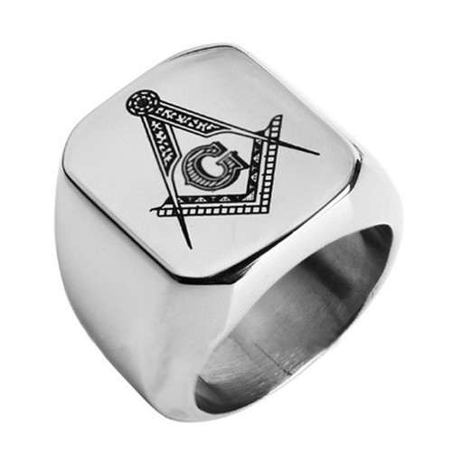 Freemason College Style Ring - with classic center Masonic design etched  symbol (Silver Color Stainless Steel) Mason Ring / Masonic Rings for sale.  - Mason Zone