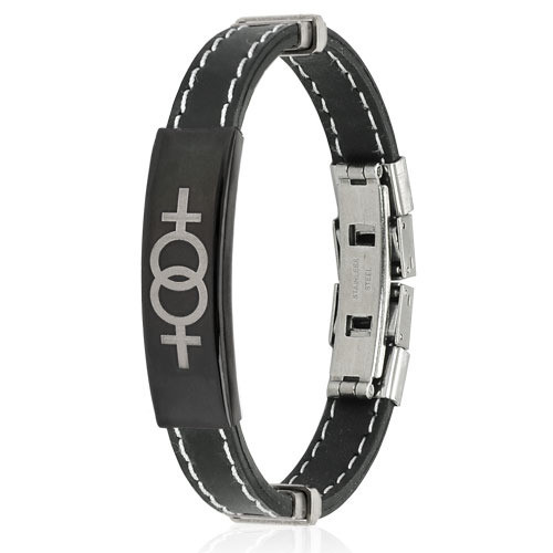 Click to get Double Female Symbol Steel Plate Stitch Accent Black Rubber Wristlet  LGBT Lesbian Pride Bracelets
