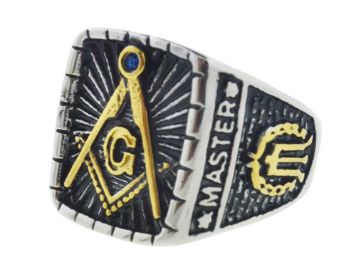 Click to get Freemason Stainless Steel and Gold Plated Signet Ring with center design and gold etched symbols Masonic Rings for Masons
