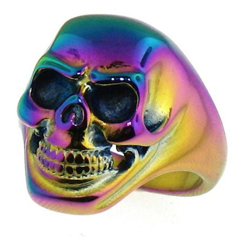 Anodized Rainbow Skull Ring with Smiling Skeleton Face - Gay Biker, Gothic, Punk, Rocker, Gay & Lesbian LGBT Pride Jewelry