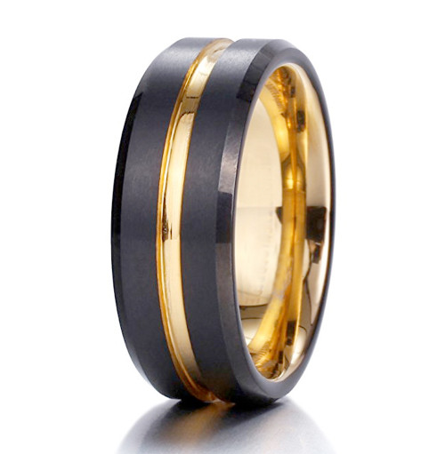 Click to get Mens Tungsten Wedding Band 8mm Black and 18K Yellow Gold Matte Finish Tungsten Carbide Ring with Beveled Edge