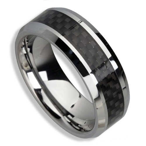 Click to get Mens Tungsten Wedding Band 8mm Silver and Black Carbon Fiber Inlay Comfort Fit