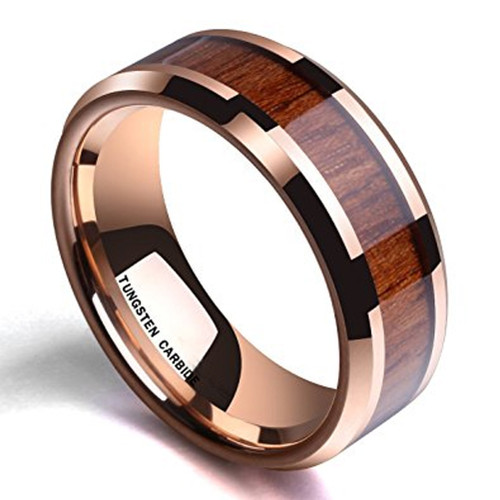 Click to get 8mm  Unisex or Mens Tungsten Wedding Bands Wood Inlay and Rose Gold Tone Tungsten Ring with High Polish Dark Wood Inlay Beveled Edges