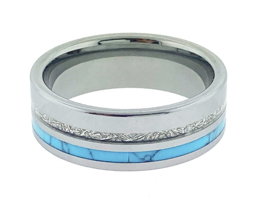 Click to get Mens or Womens Wedding Tungsten Wedding Band 8mm Silver Tungsten Band with Blue Turquoise and Inspired Meteorite Inlay Pipe Cut Tungsten Carbide Ring Comfort Fit