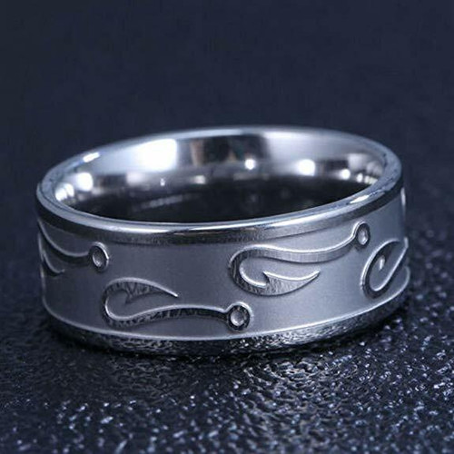 Click to get Mens Fishing Ring  Fishermans Wedding Band 8mm Silver Titanium Band with Embossed Fish Hooks Wedding Band Comfort Fit Ring