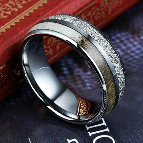 Click to get Womens or Mens Tungsten Steel Wedding Band Ring 8mm Silver with White Antler and Inspired Meteorite Inlay Domed Top and Comfort Fit
