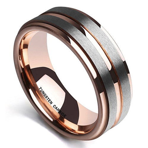 Click to get Mens Tungsten Wedding Band 8mm Rose Gold and Silver Matte Finish Tungsten Carbide Ring Beveled Edge