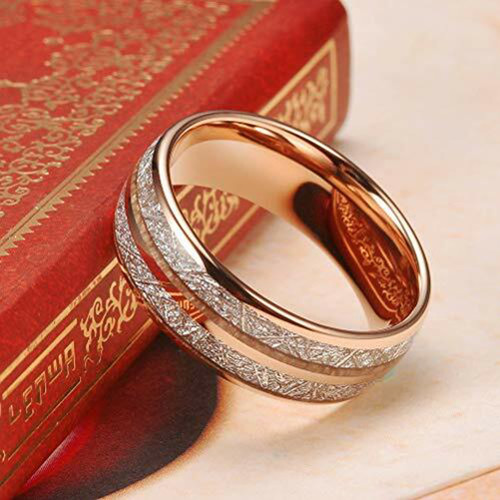 Click to get Womens or Mens Tungsten Wedding Band 8mm Rose Gold Double Line Inspired Meteorite Domed Tungsten Carbide Ring Comfort Fit