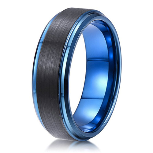 Click to get Mens Tungsten Wedding Bands 8mm Black and Blue Tungsten Ring Inside High Polish Comfort Fit