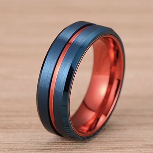 Click to get Mens Tungsten Wedding Band 8mm Blue with Red Groove Matte Finish Tungsten Carbide Ring Beveled Edge