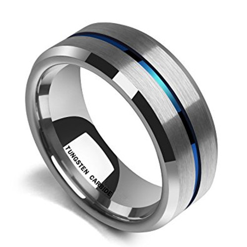 Click to get Mens Tungsten Wedding Band 8mm Silver Tone Matte Finish Tungsten Carbide Ring with Blue Groove Line Beveled Edge