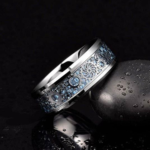 Click to get Mens Tungsten Wedding Band 8mm Wedding Band Sky Blue Carbon Fiber Inlay Silver Band with Silver Mechanical Gears Tungsten Carbide Ring
