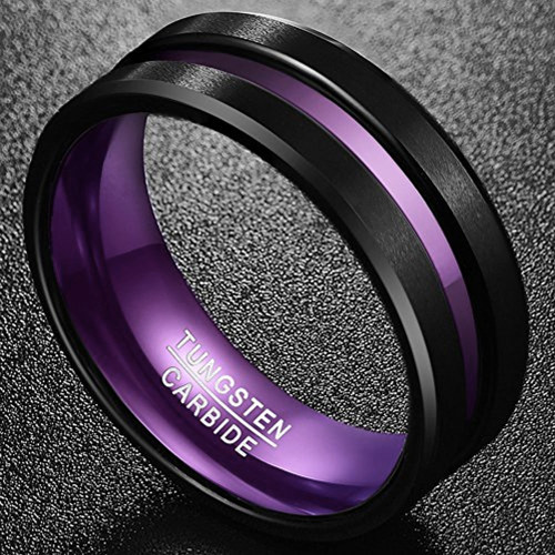 Click to get 8mm  Unisex or Mens Wedding Tungsten Band Black Matte Finish Tungsten Carbide Ring with Double Purple Tone Beveled Edge