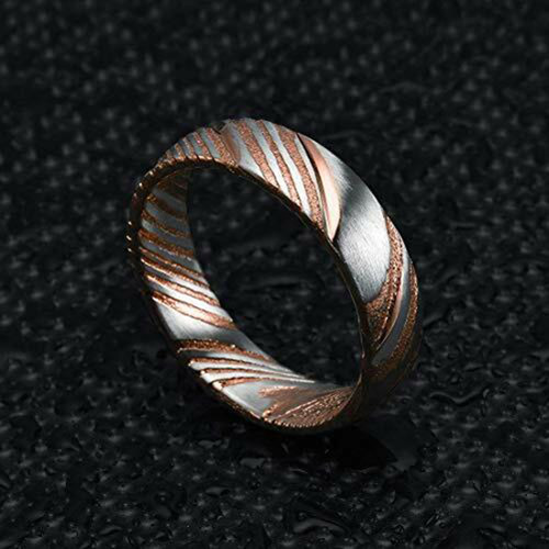 Click to get Womens Real Damascus Steel Ring Wedding Band 6mm Rose Gold and Silver Tone Grooved with Domed Top and Light Weight