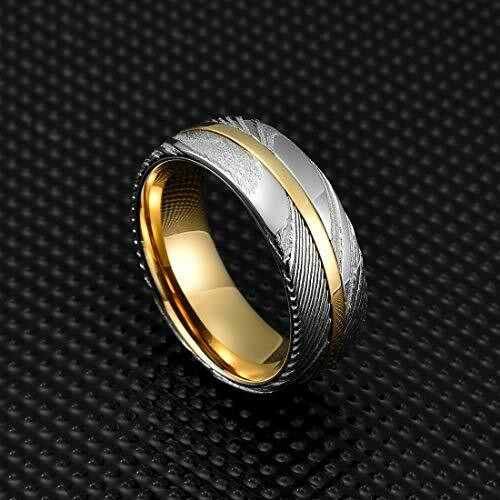 Click to get Mens Real Damascus Steel Ring 8mm  Silver and 14K Gold Stripe Inlay Wedding Ring  Domed Style