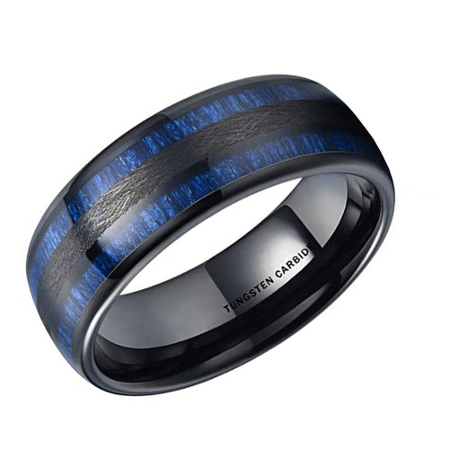 Men's Tungsten Wedding Band (8mm). Black and Blue Tone with Maple Wood Inlay. High Polish Domed Top Tungsten Ring
