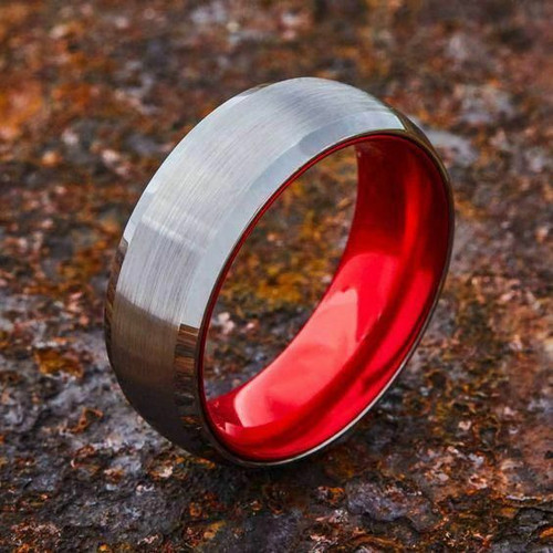Click to get Mens Tungsten Wedding Band 8mm Top Silver Matte Finish with Duo Inner Red Tone Tungsten Carbide Ring with Beveled Edge