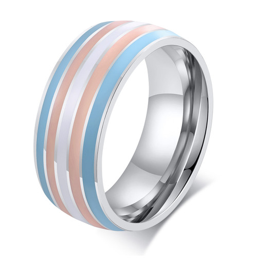 Trans Pride Flag Stripes Stainless Steel Enamel Ring