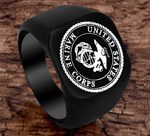 Click to get Mens US Marines  USMC Marine Corps 8mm Flat Top Steel Wedding Band Military Wedding Bands White Laser Etched United States Marines Logo