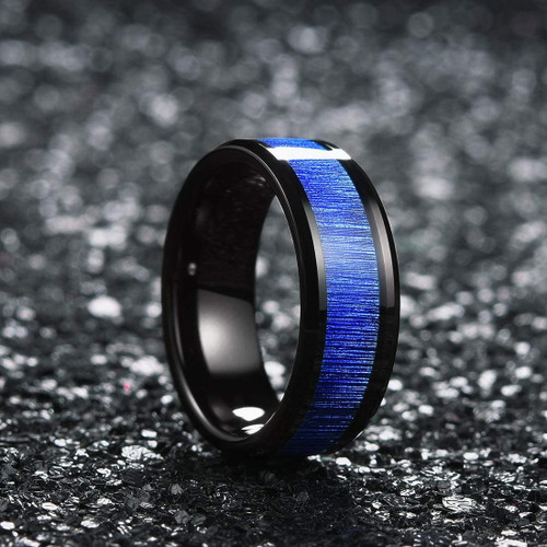 Click to get Mens Black Tungsten Wedding Band with Blue Wood Inlay 8mm High Polish Beveled Edge Top Tungsten Ring