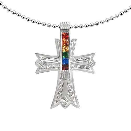 Gothic Fringed Rainbow CZ Embedded Cross - Christian Gay and Lesbian LGBT Pride Steel Necklace