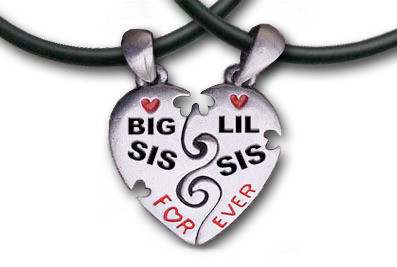 Click to get Big Sis  LiL Sis Necklaces  2 Pewter Pendants with 2 black PVC ropeschains included  Black and red text