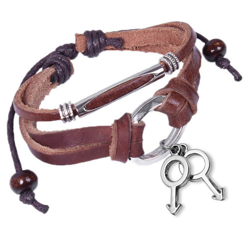 Click to get Male Leather  Copper Leather Wristlet w Hanging Male Symbol Charms  Brown Gay Pride Bracelet