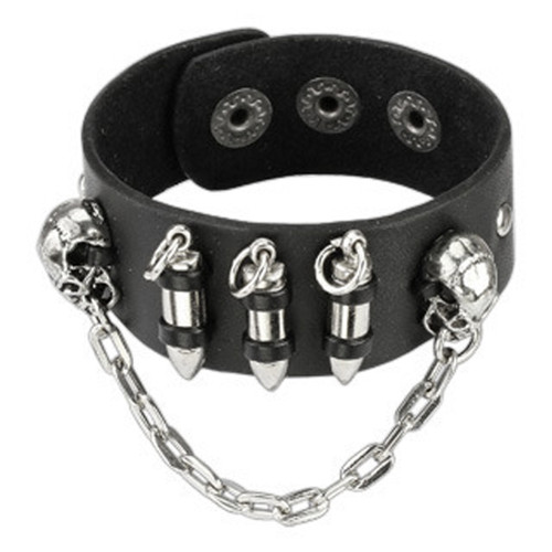 Biker Skulls and Bullets Snap Bracelet w/ chain - Black Biker