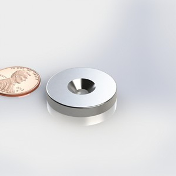 Neodymium Disc magnet with 2/10" Dia countersunk hole on South Face | 1" Dia | 3/16" Thick | Ni-Cu-Ni Plated | Grade N42 | NdFeB | Magnetized Axially, through the thickness Neodymium Disc magnet with 2/10" Dia countersunk hole on South Face | 1" Dia | 3/16" Thick | Ni-Cu-Ni Plated | Grade N42 | NdFeB | Magnetized Axially, through the thickness