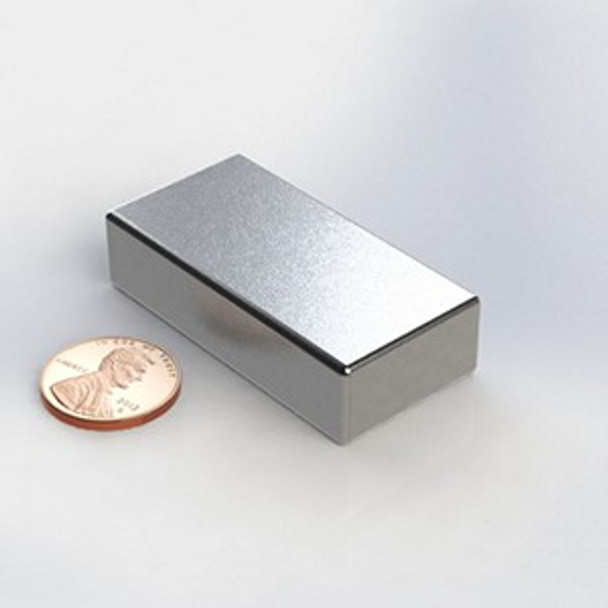 P500HP ~ Neodymium Block magnet | 2" Long | 1" Wide | 1/2" Thick | Ni-Cu-Ni plated | Grade N40 | NdFeB | Magnetized through the thickness