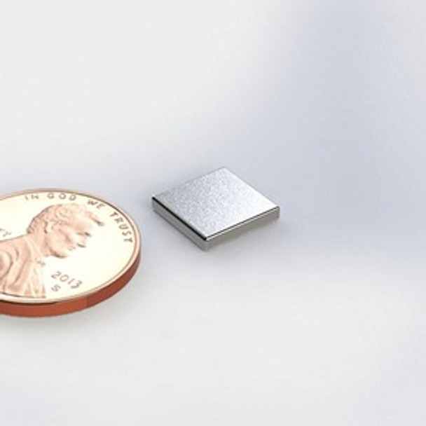 Q063C ~ Neodymium Block magnet | 3/8" Long | 3/8" Wide | 1/16" Thick | Ni-Cu-Ni Plated | Grade N40 | NdFeB | Magnetized through the thickness