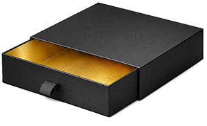 Closed matchbox style rigid box with partially opened inner tray