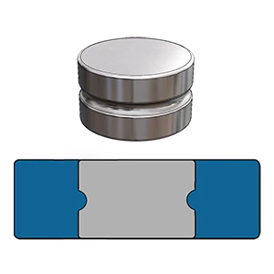 Groove magnet cross-section showing a circumferential groove machined around a cylindrical or block magnet to lock it inside an overmolded plastic housing