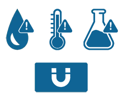 Icons showing water, temperature, and chemical exposure risks