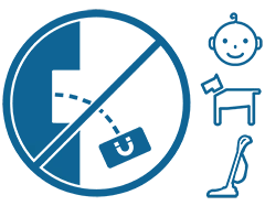 Icons showing risks to children, pets, appliances