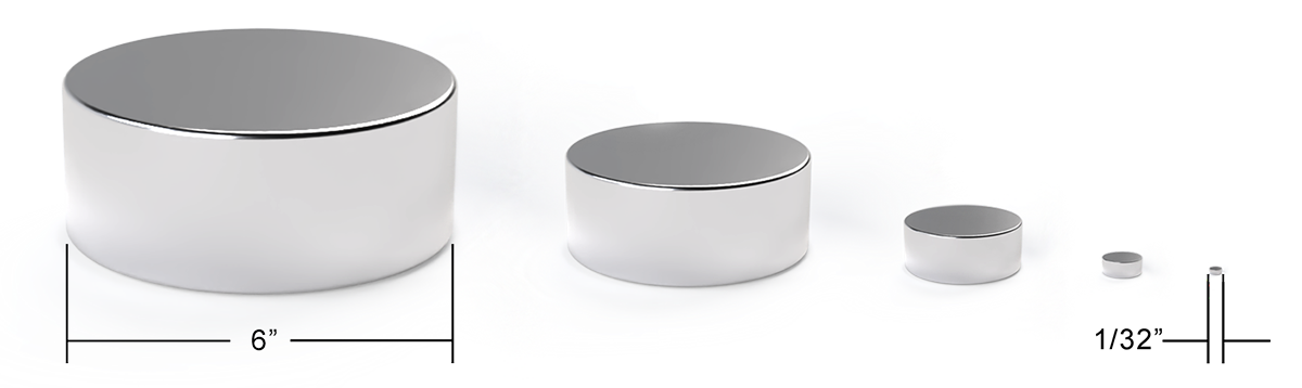 Comparison of magnet sizes from 6 inches down to 1/32 inch