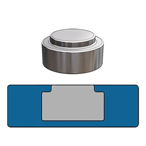 Step magnet cross-section showing a machined stepped shoulder on a cylinder or block magnet used to mechanically interlock with the surrounding molded plastic