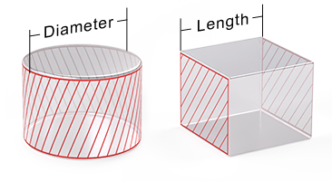 Diagram showing how magnet size range is defined for tolerances: Diameter shown on a cylinder magnet and Length shown on a block magnet