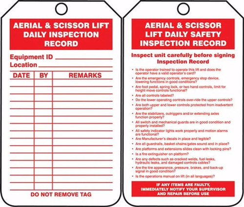 Accuform Signs Accuform - Tag - TRS206CTP - "AERIAL & SCISSOR LIFT | DAILY INSPECTION| RECORD" - Red/White No Grommet - PF-Cardstock - 25/Pk